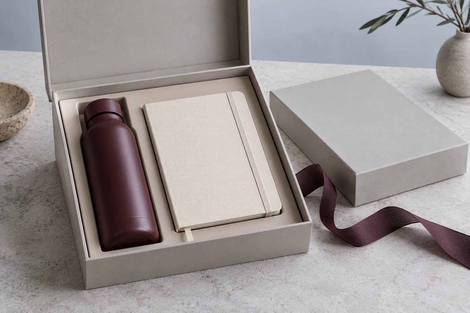 Burgundy bottle and cream notebook nestled in a refined presentation box with a soft plum ribbon on a pale stone table