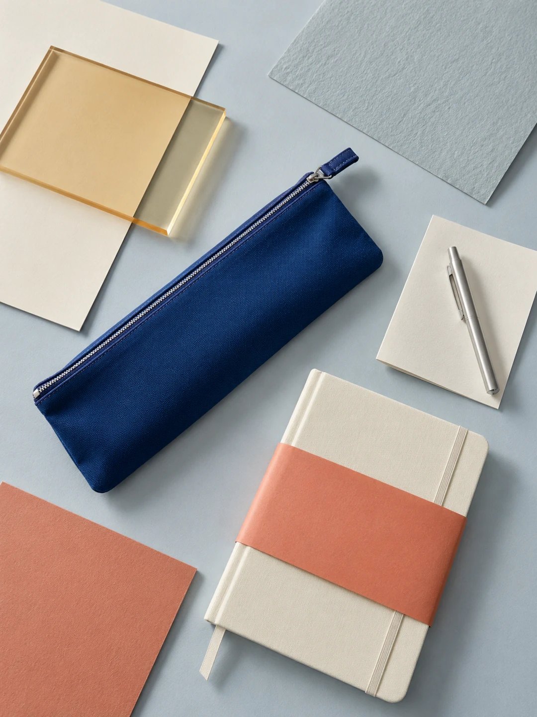Overhead composition of a cobalt textile pouch, coral paper band, cream notebook and silver pen on a pale blue-gray surface