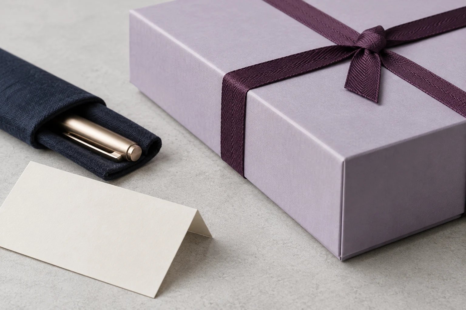 Close view of a pale lilac presentation box with a plum woven ribbon, a navy pen sleeve and a blank folded cream card