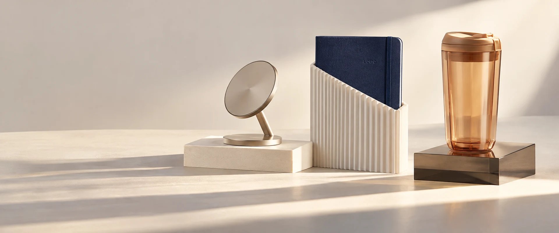Sculptural arrangement of a champagne charging stand, indigo notebook and translucent apricot tumbler with long geometric daylight shadows