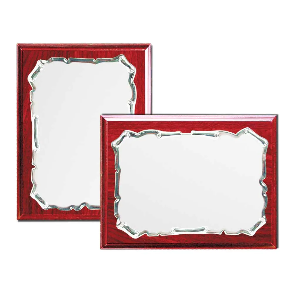 Wooden Award Plaque with Scroll-Edge Silver Plate